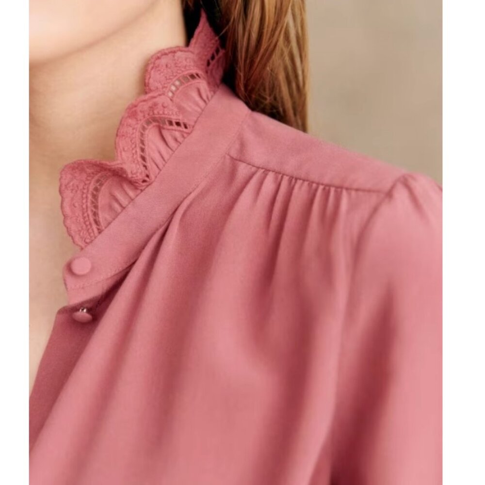 Sezane Chlo Silk Shirt Blouse Rosewood Pink Classic French Top Lace - Picture 4 of 12